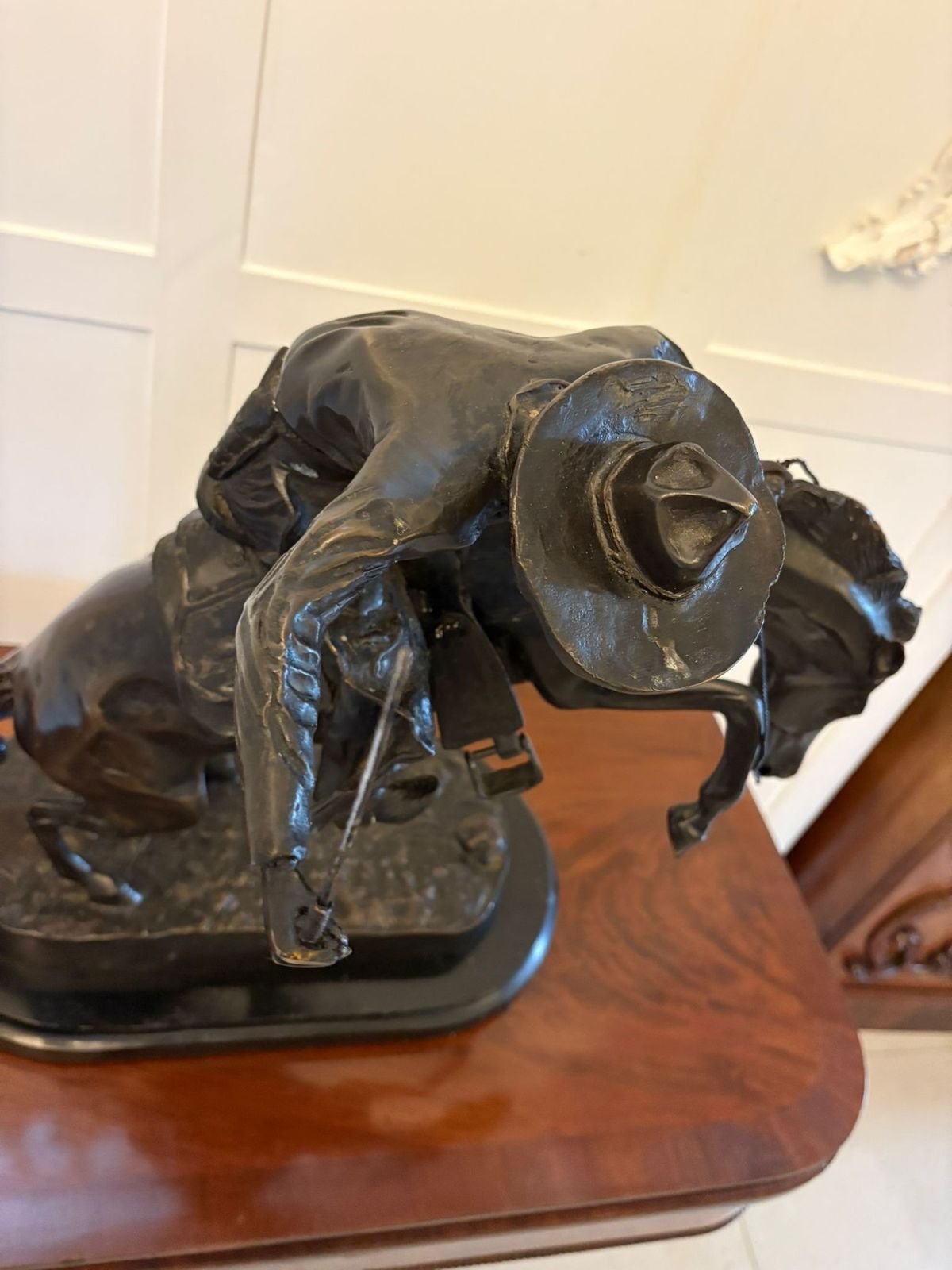 Antique Large Bronze Cowboy On Bucking Horse Sculpture After Remington Broncho Buster Western Equestrian Figure photo for sale