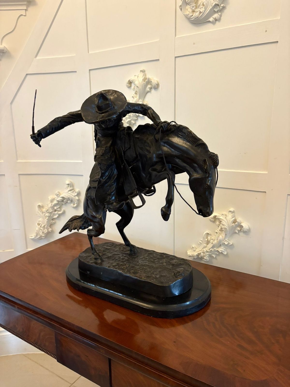 Antique Large Bronze Cowboy On Bucking Horse Sculpture After Remington Broncho Buster Western Equestrian Figure photo vinterior
