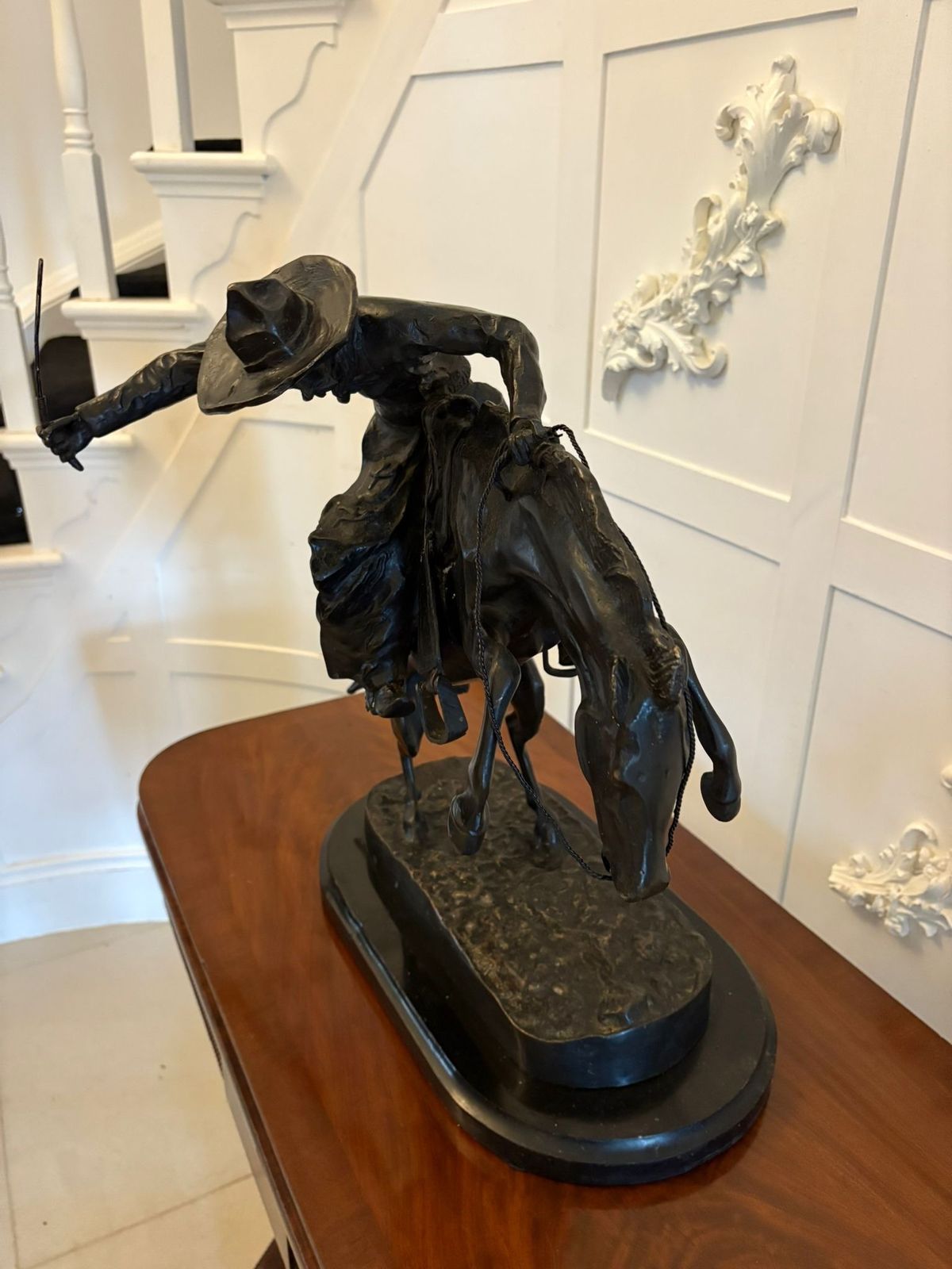 Antique Large Bronze Cowboy On Bucking Horse Sculpture After Remington Broncho Buster Western Equestrian Figure photo vintage
