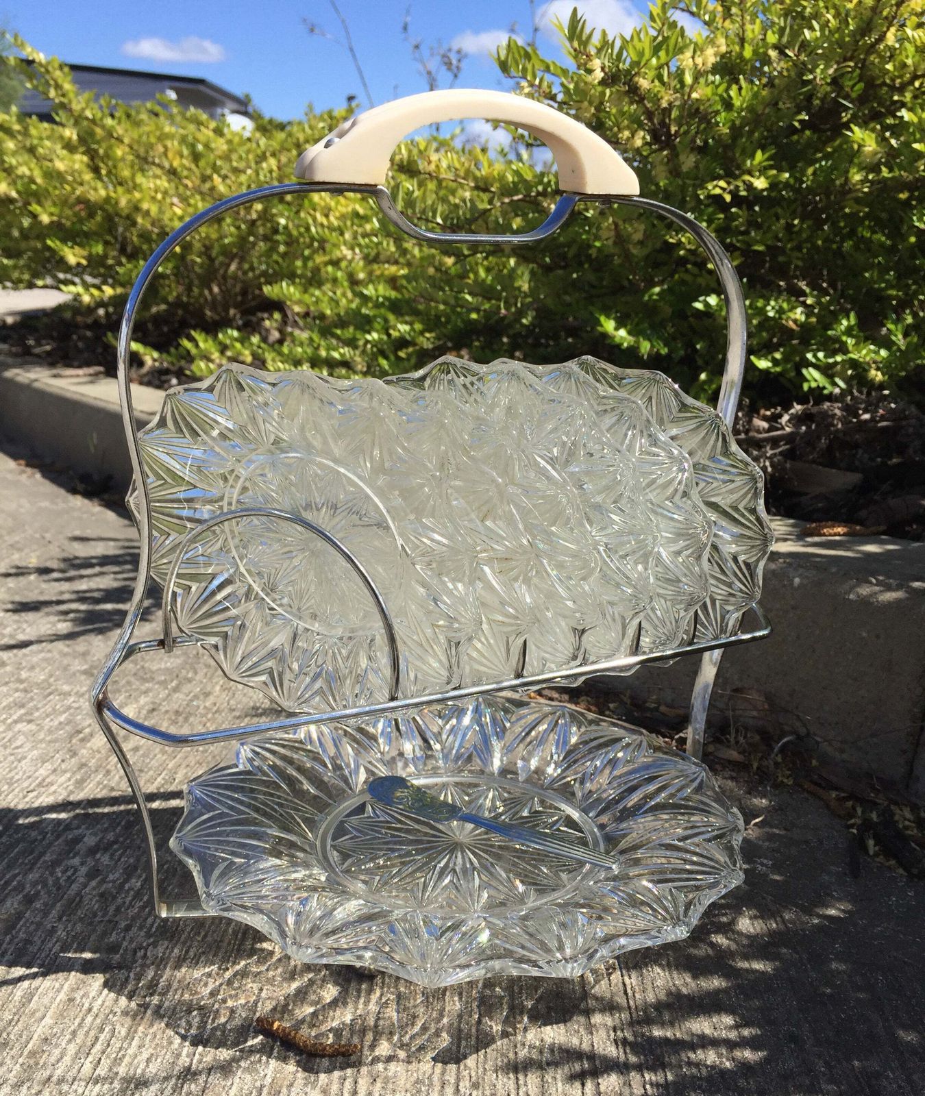 Vintage Cut Glass Plate Dessert Cake Stand Set Serving Plates / Dinnerware photo for sale