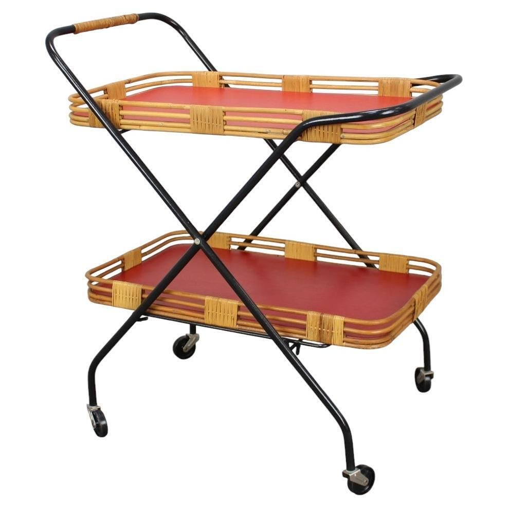 1960s Czechoslovak Mid Century Folding Bamboo Serving Trolley Bar Cart