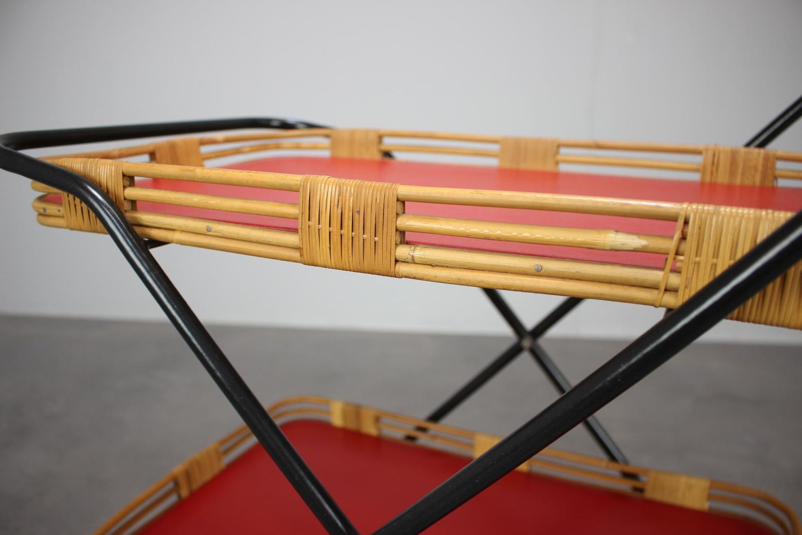 1960s Czechoslovak Mid Century Folding Bamboo Serving Trolley Bar Cart photo vinterior