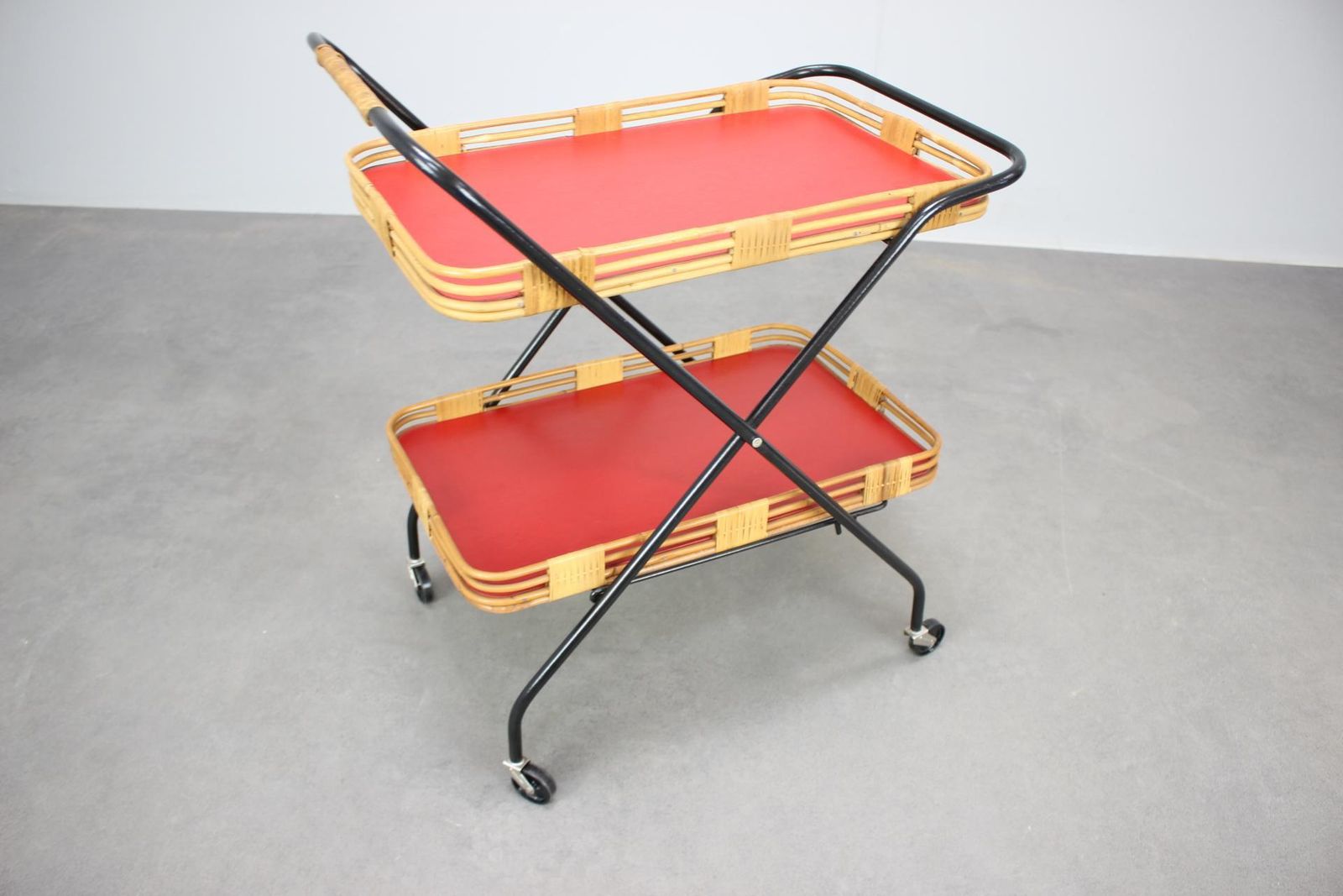 photo for sale 1960s Czechoslovak Mid Century Folding Bamboo Serving Trolley Bar Cart