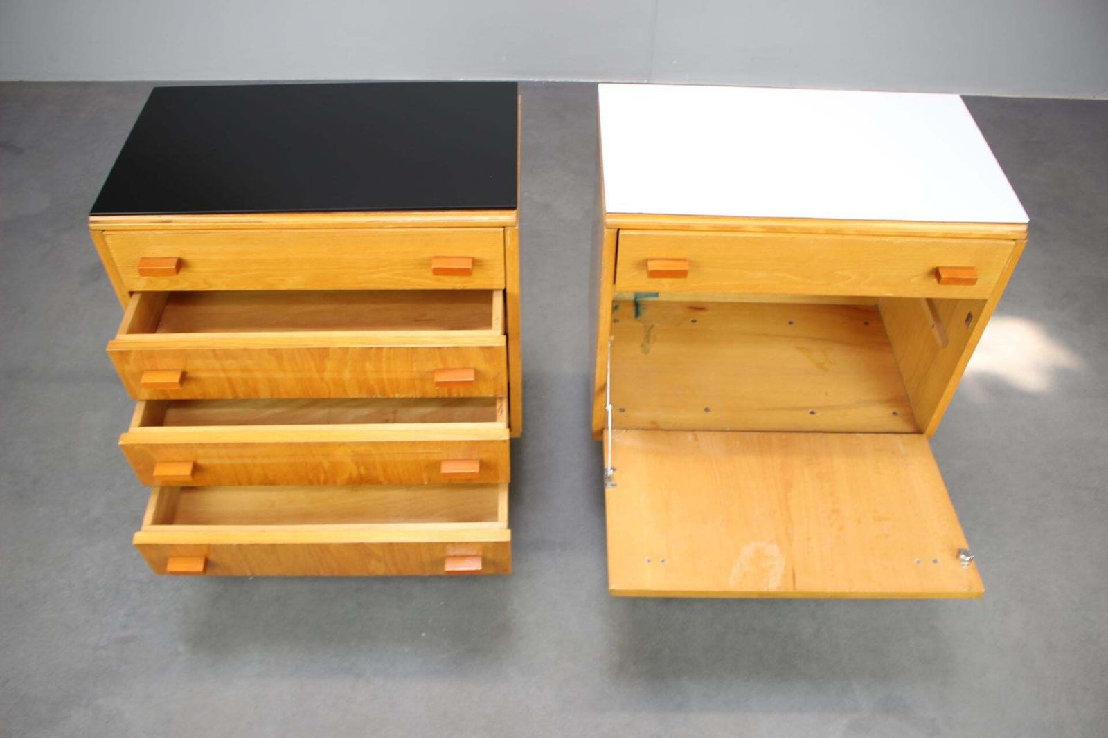 1960s František Mezulaník Mid Century Maple Nightstands With Black And White Gla photo vinterior