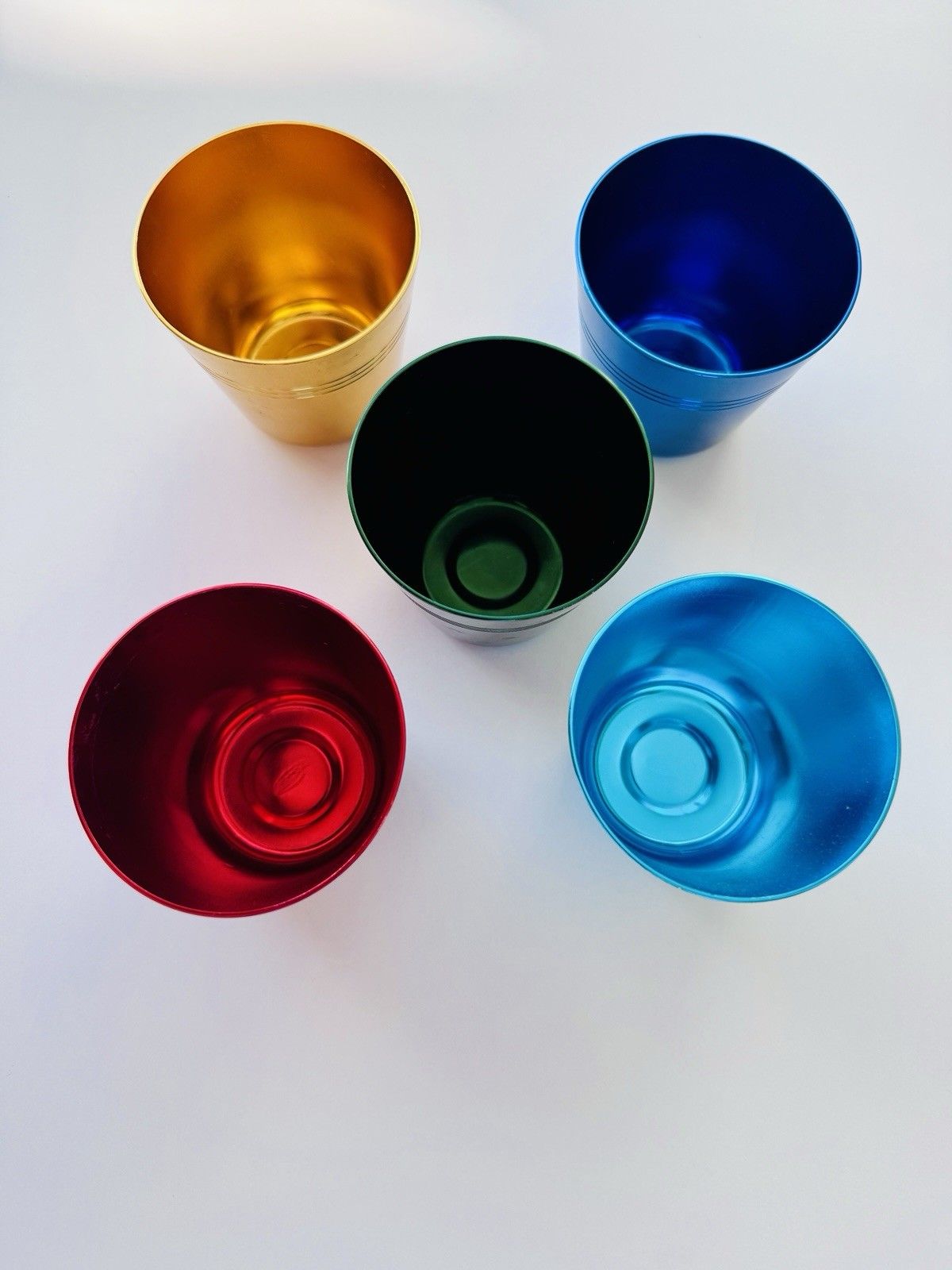 Set Of 5 1960’s Artex Anodised Cups & Bottle Opener In Buffalo Calf Leather Case photo for sale