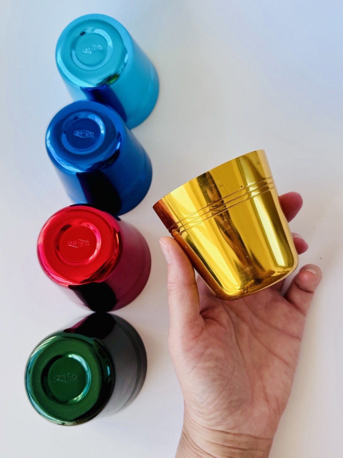 Set Of 5 1960’s Artex Anodised Cups & Bottle Opener In Buffalo Calf Leather Case photo vintage