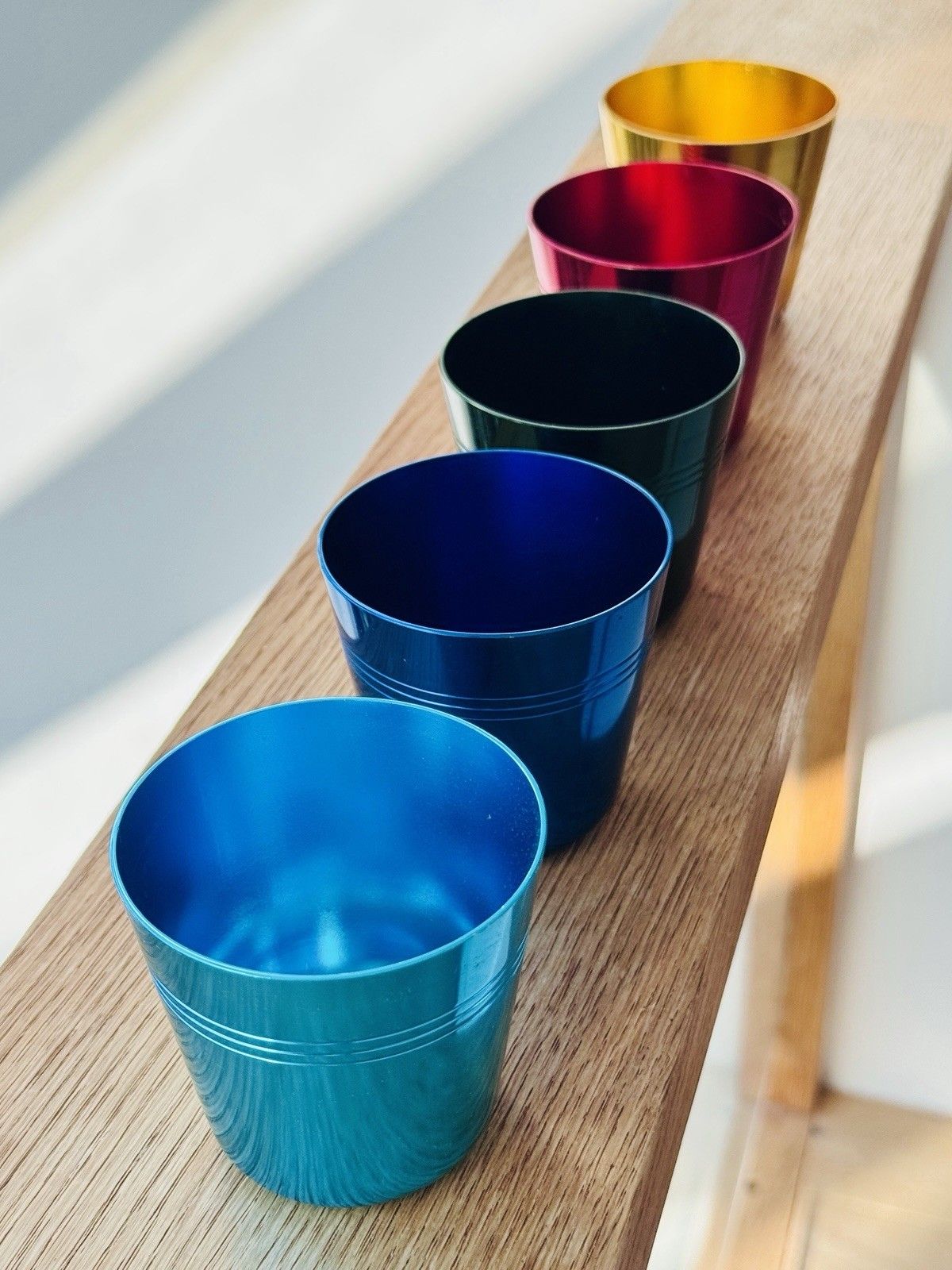 Home Decor Set Of 5 1960’s Artex Anodised Cups & Bottle Opener In Buffalo Calf Leather Case photo
