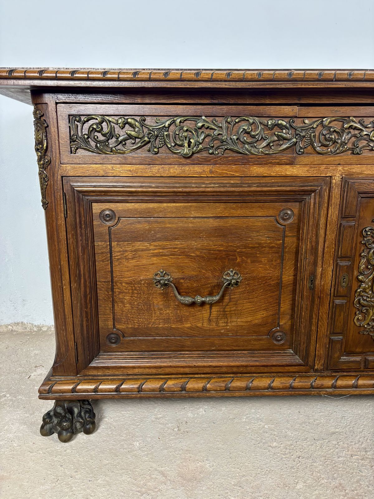 Large Henry II Style Oak Sideboard With Bronze Mounts, Early 20th Century photo vintage