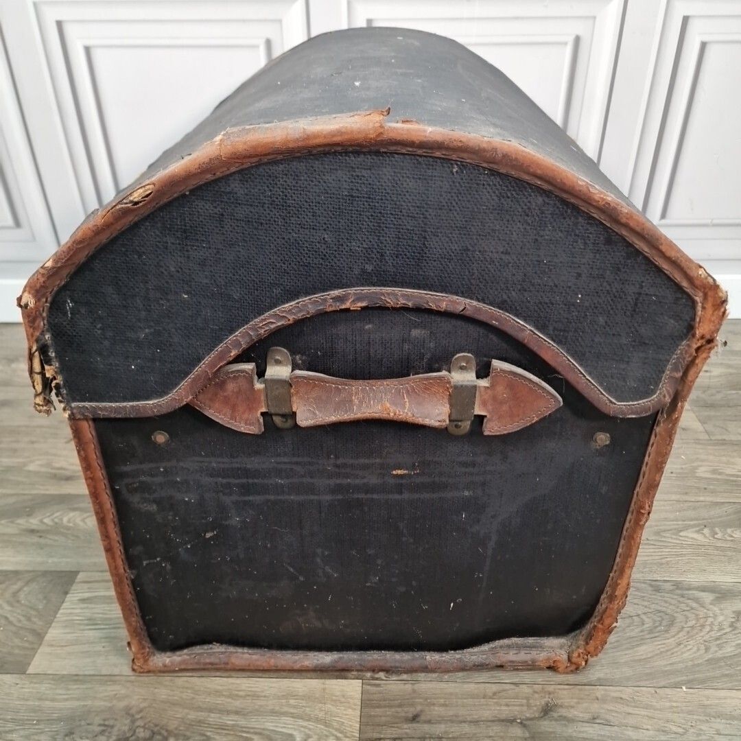 Antique Travel Trunk Canvas & Leather Domed Storage Luggage Steamer Pirate Chest photo Furniture