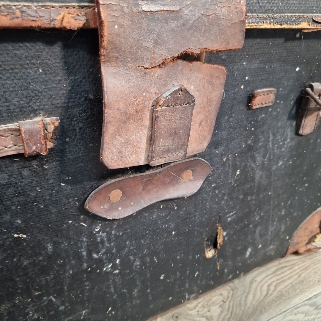 photo for sale Antique Travel Trunk Canvas & Leather Domed Storage Luggage Steamer Pirate Chest