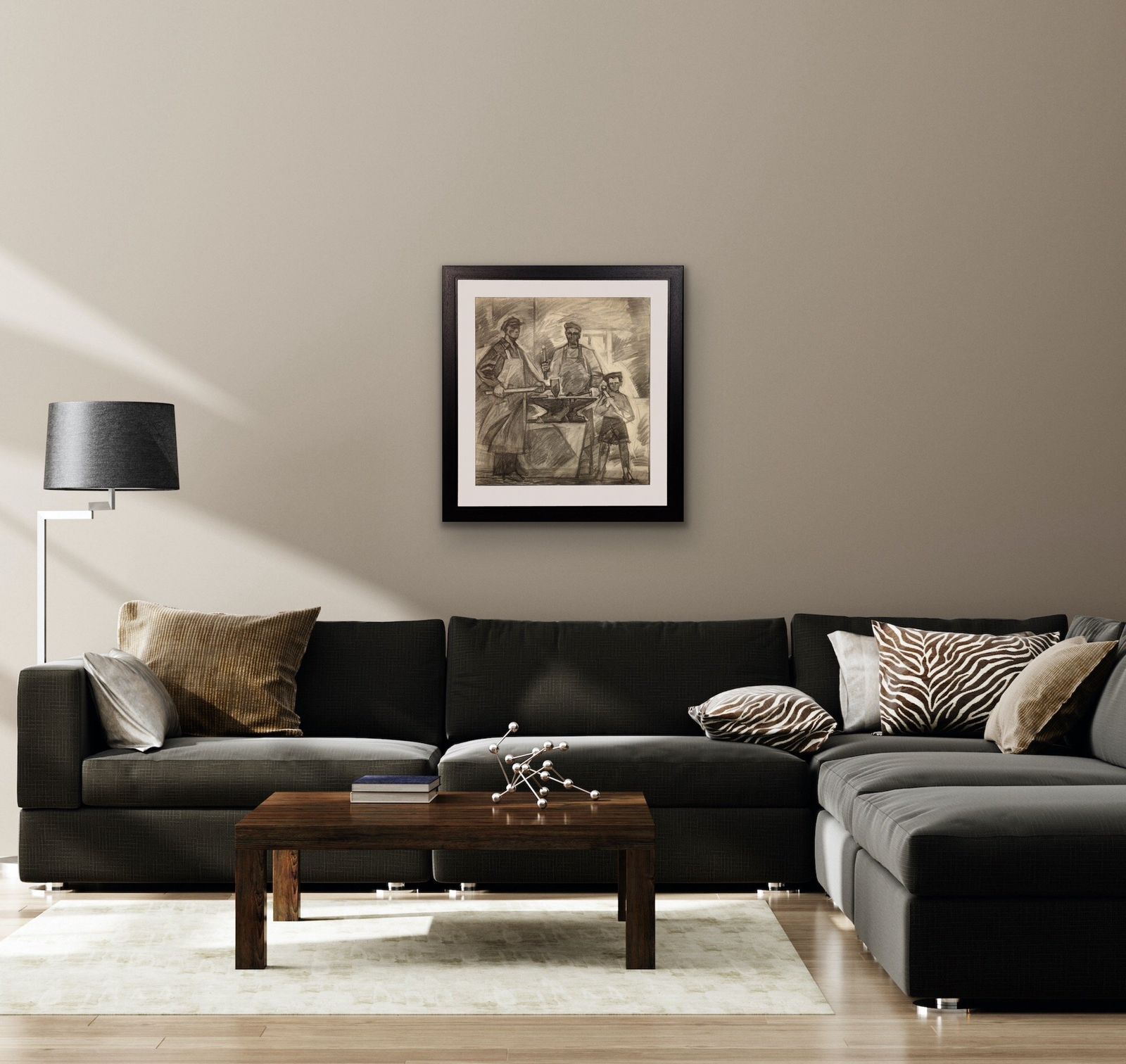 photo for sale Soviet Ukrainian Artist, Three Generations Of Metal Workers, Charcoal Drawing, 1960s, Framed