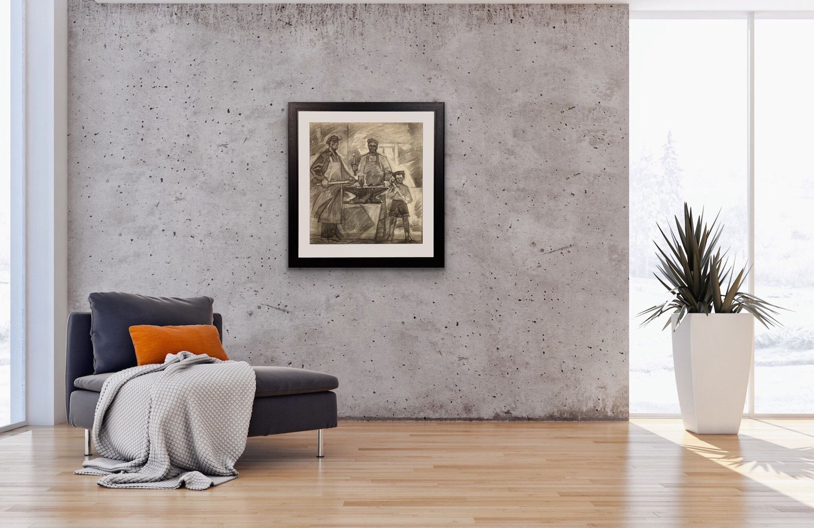 photo buy Soviet Ukrainian Artist, Three Generations Of Metal Workers, Charcoal Drawing, 1960s, Framed