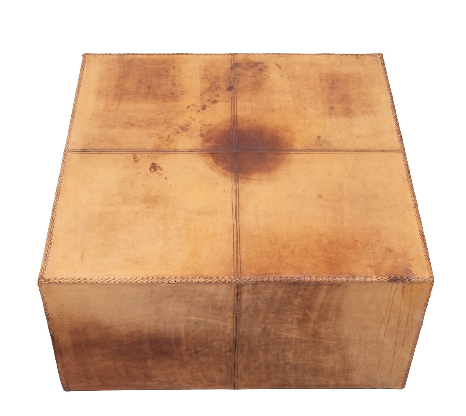 Large Stich Leather Cognac Color Coffee Table 1970s France photo Furniture