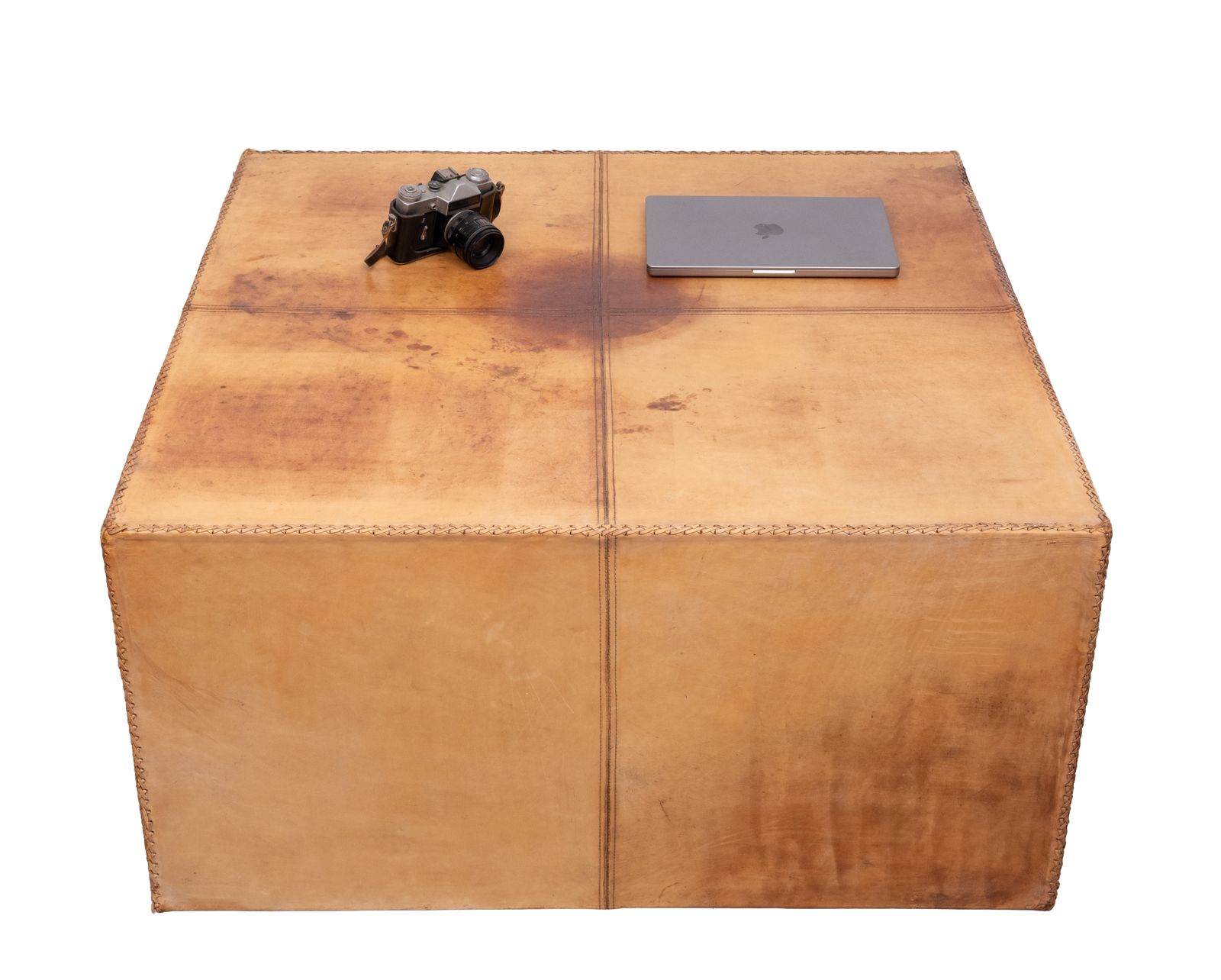 Large Stich Leather Cognac Color Coffee Table 1970s France