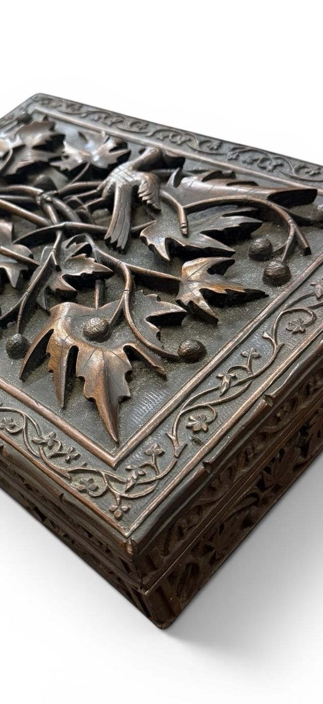 325.0 Exquisitely Carved Anglo Indian Hardwood Box With Birds & Vine Leaves, Late 19th Century photo