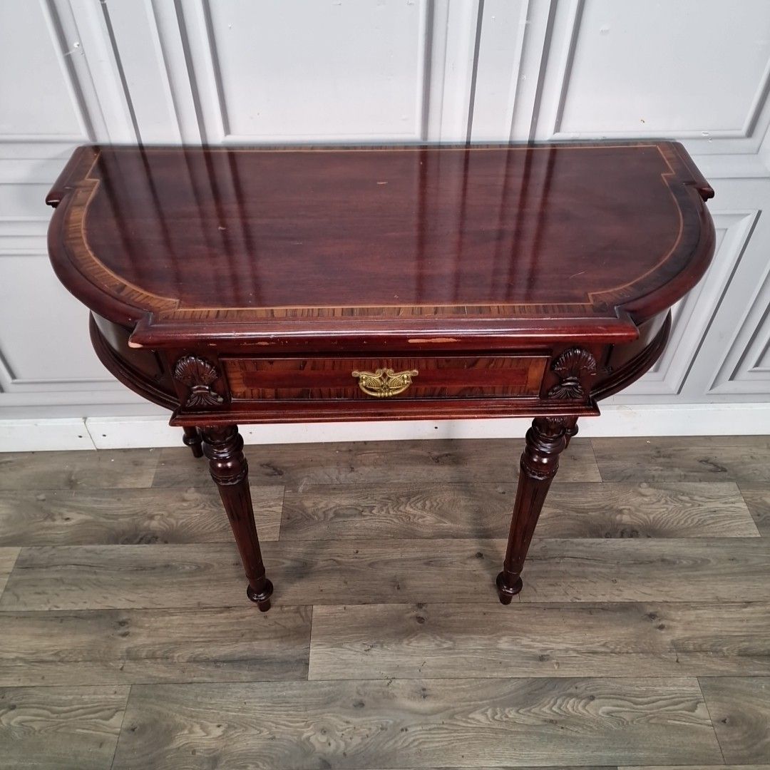 Antique Style Console Table Mahogany Demi Lune Side Hall – Inlaid Top & Carved photo for sale