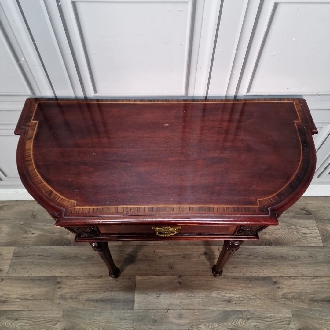 Antique Style Console Table Mahogany Demi Lune Side Hall – Inlaid Top & Carved photo Furniture
