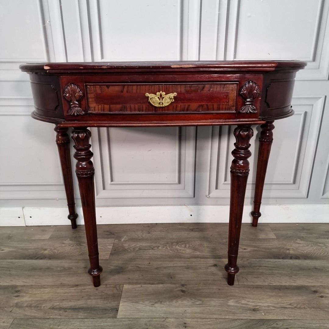 Antique Style Console Table Mahogany Demi Lune Side Hall – Inlaid Top & Carved photo vintage