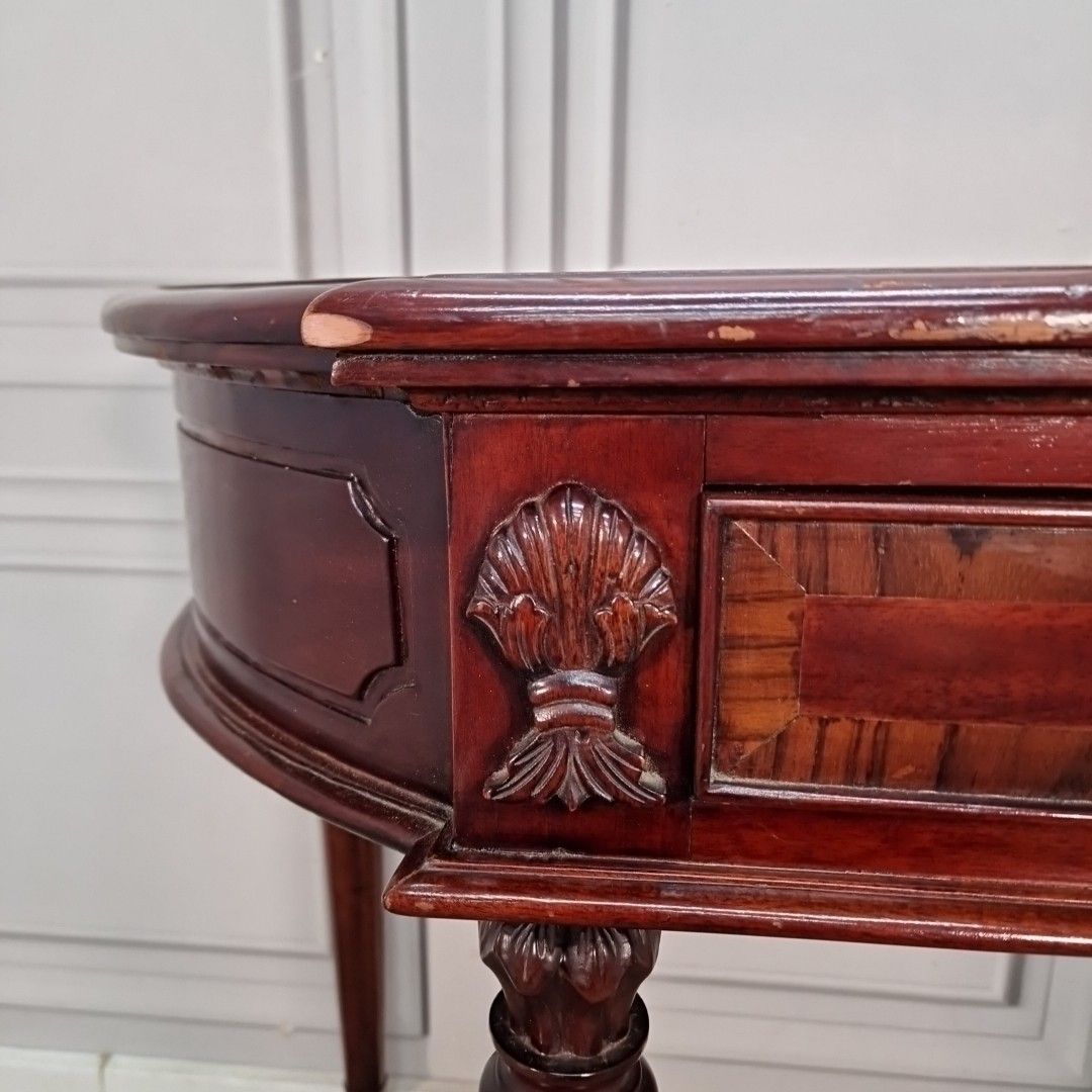 photo for sale Antique Style Console Table Mahogany Demi Lune Side Hall – Inlaid Top & Carved