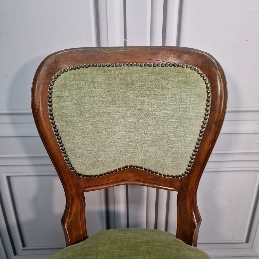 Antique Carved Walnut Chair Green Upholstery – Victorian Salon Style Seat photo vinterior