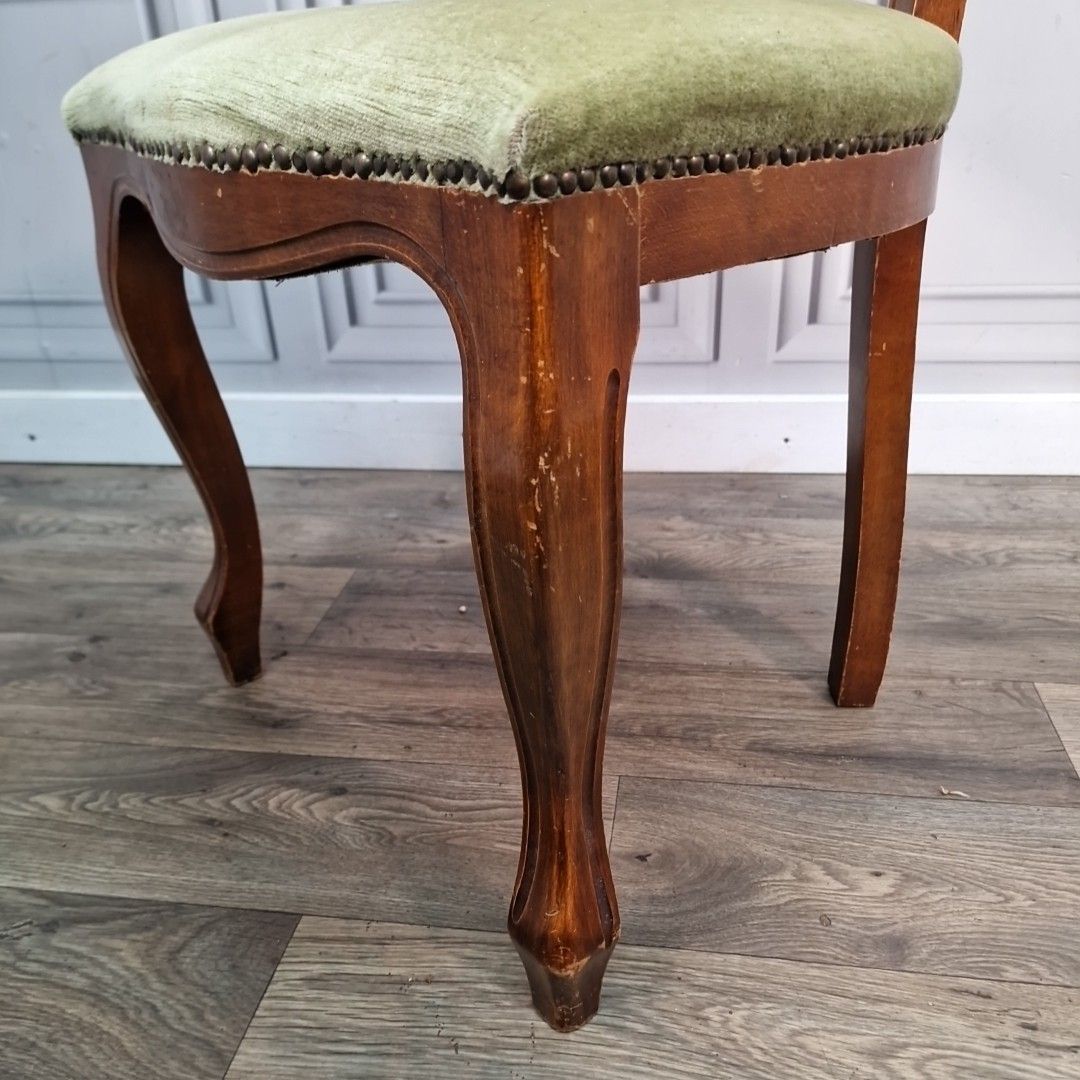 Antique Carved Walnut Chair Green Upholstery – Victorian Salon Style Seat photo vintage