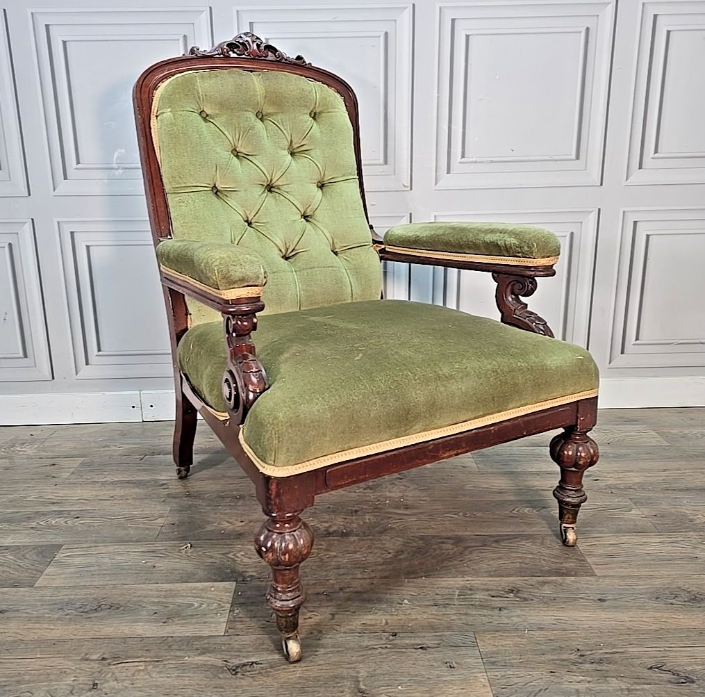 Antique Victorian Upholstered Armchair Solid Hardwood Button Back Nursing Chair