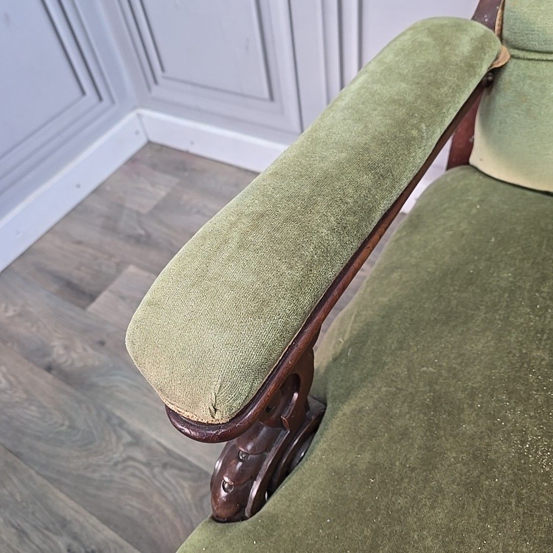 photo furniture Antique Victorian Upholstered Armchair Solid Hardwood Button Back Nursing Chair