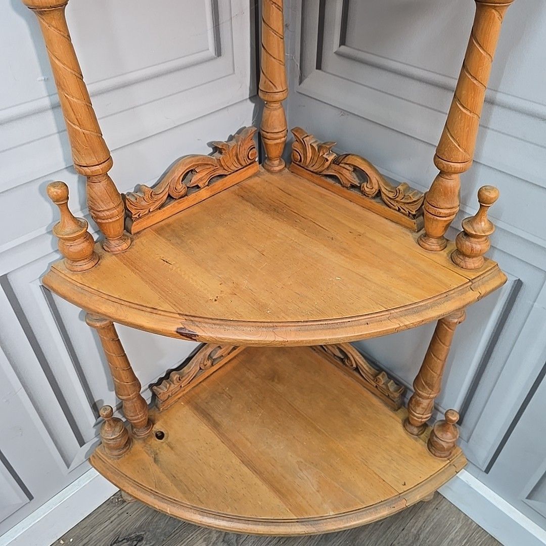 Antique Whatnot Shelf Victorian Style Carved Pine 4 Tier Corner Turned Wooden photo 230.0