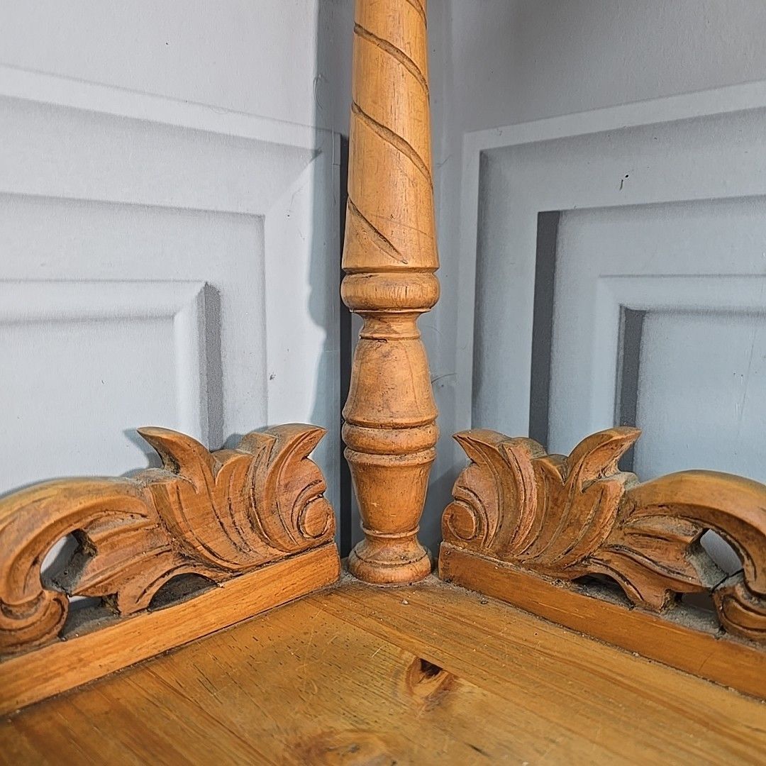 Furniture Antique Whatnot Shelf Victorian Style Carved Pine 4 Tier Corner Turned Wooden photo