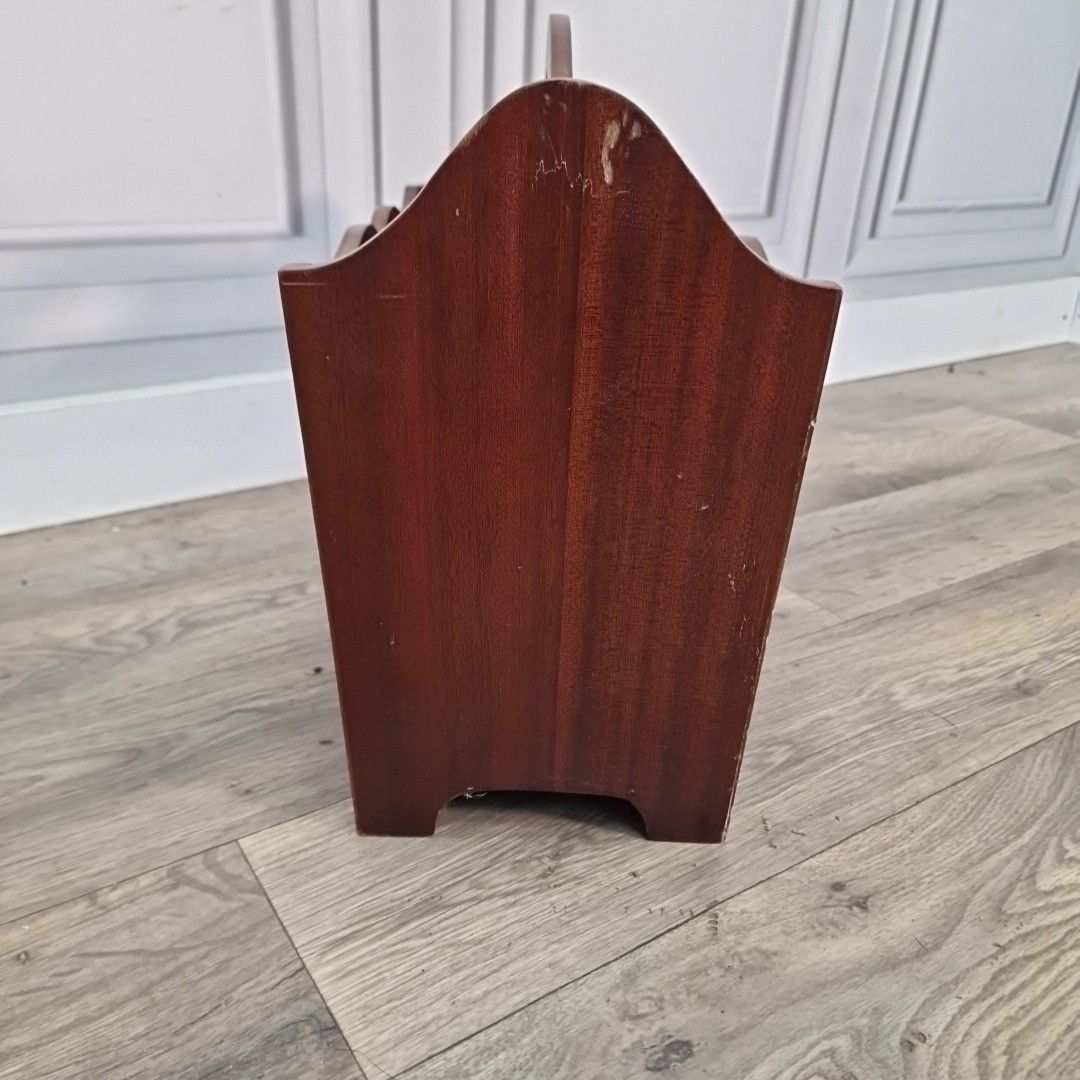 Retro Magazine Letter Rack Vintage Mahogany Veneer – Inlaid Top Hat & Cane Motif photo vinterior