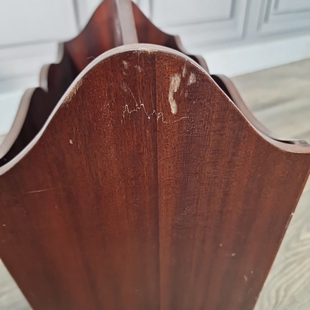 photo furniture Retro Magazine Letter Rack Vintage Mahogany Veneer – Inlaid Top Hat & Cane Motif