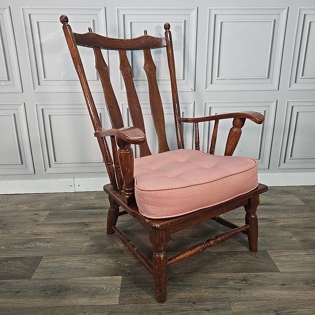 Vintage High Back Armchair Solid Oak Turned Wood Cushions – Rustic Country photo Furniture