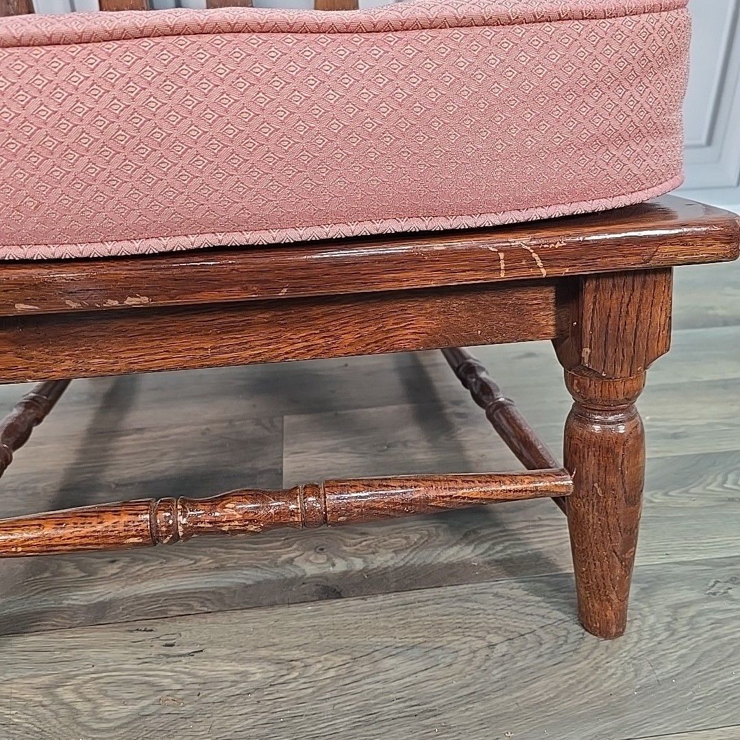 Furniture Vintage High Back Armchair Solid Oak Turned Wood Cushions – Rustic Country photo