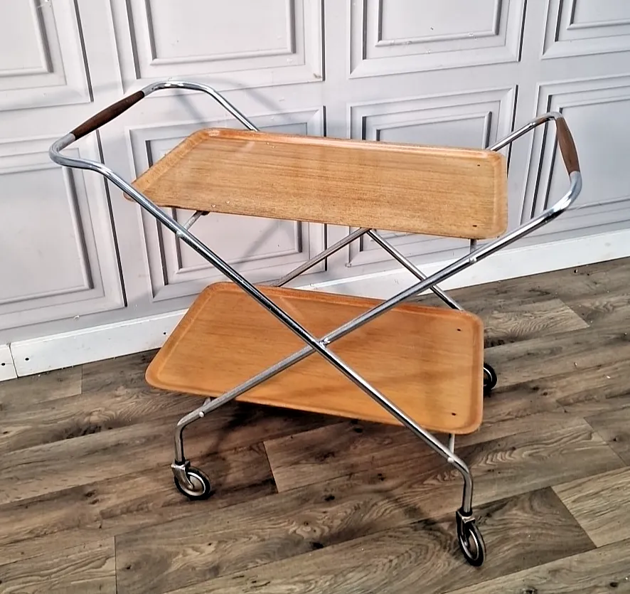 Vintage Tea Hostess Trolley Retro Chrome & Plywood Folding Drinks Mid Century