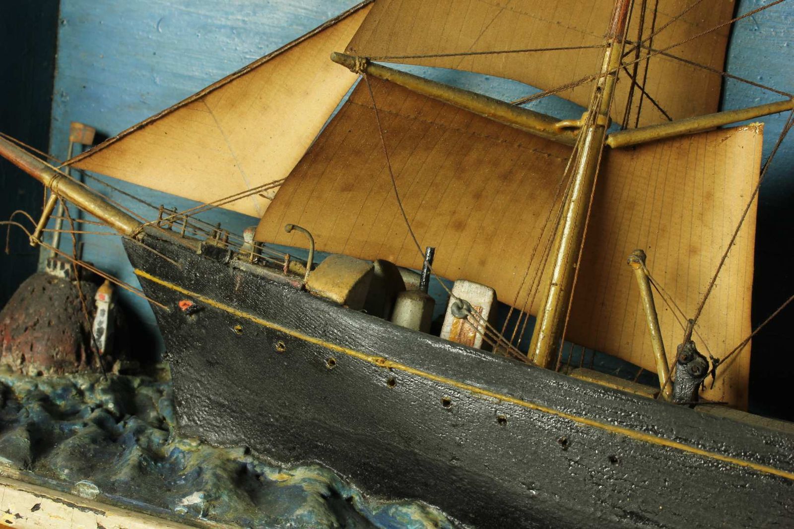 Antique Ship Diorama. French Handmade Boat Model In A Box. Vienne France. photo Home Decor