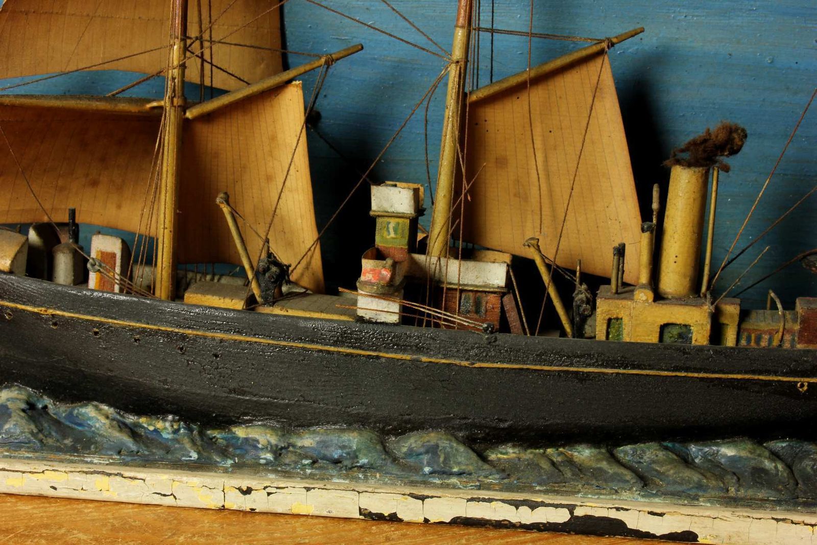Antique Ship Diorama. French Handmade Boat Model In A Box. Vienne France. photo vintage