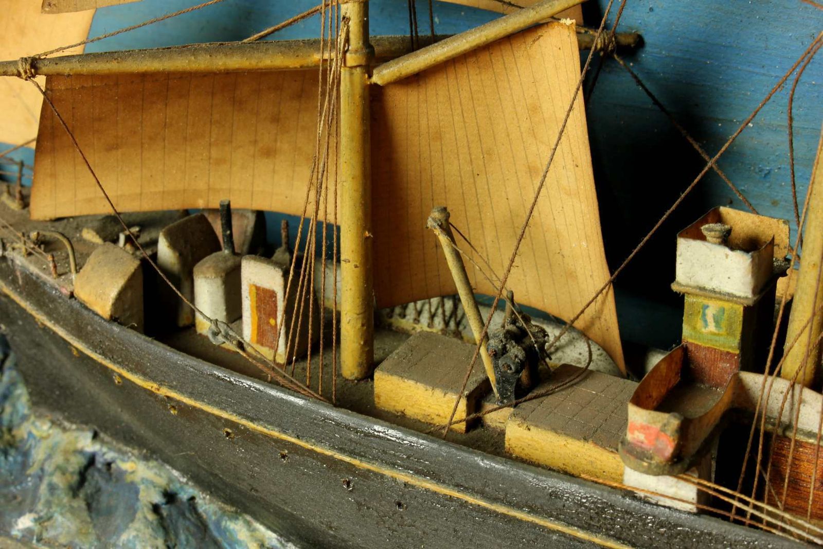 photo furniture Antique Ship Diorama. French Handmade Boat Model In A Box. Vienne France.