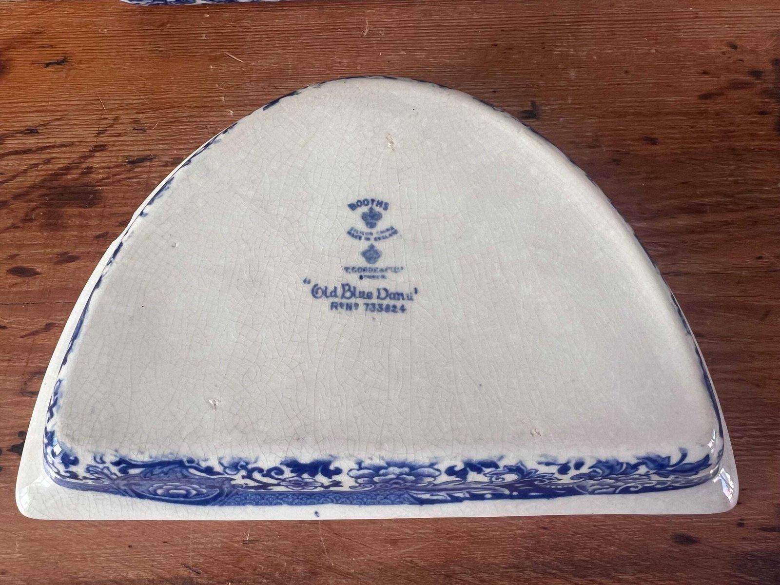 photo for sale Antique Booths "Old Blue Danube" Divided Serving Set With Wood Gallery Tray, Victorian Blue And White Transferware, Thomas Goode & Co Mark