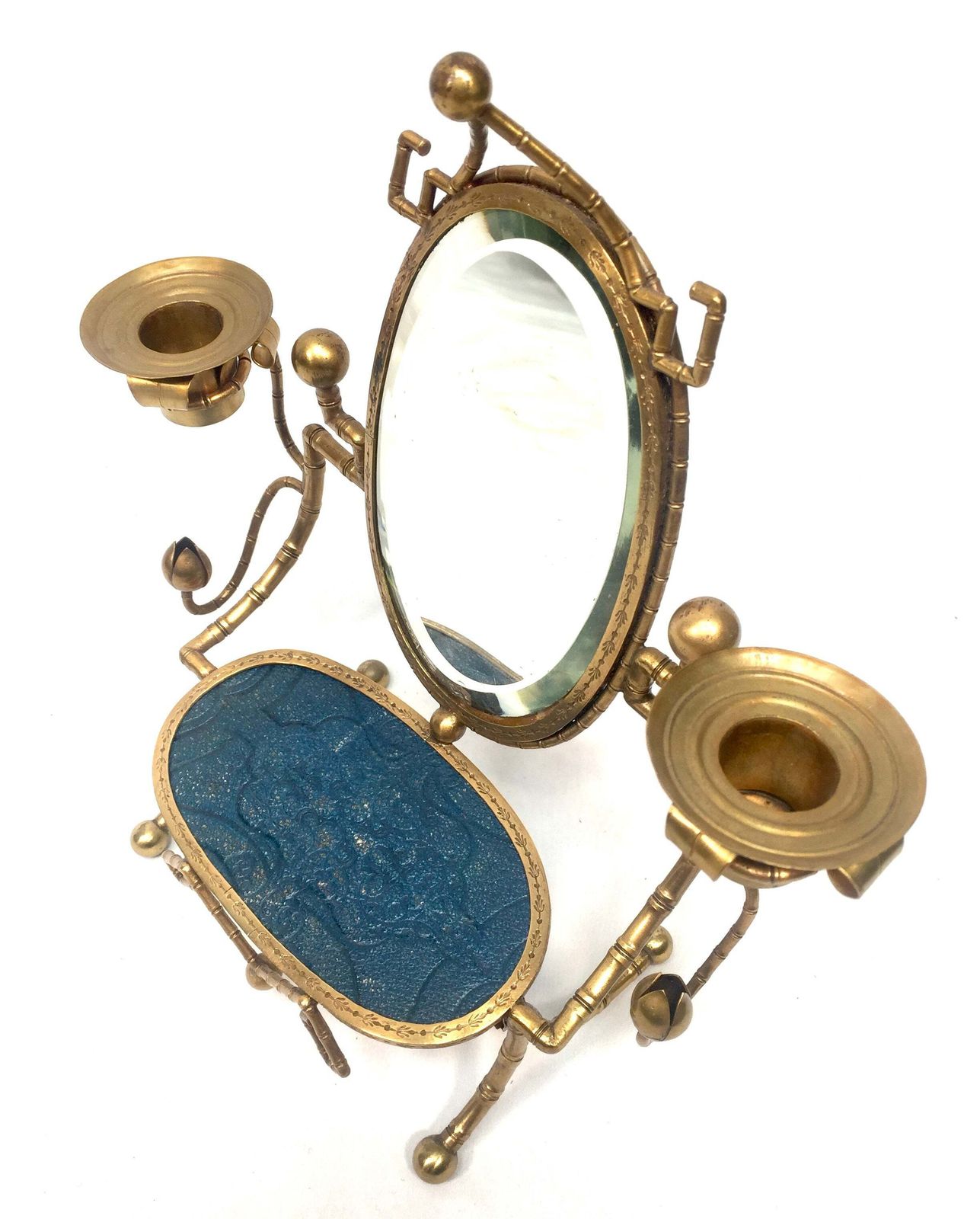 Antique French Tabletop Brass Vanity Mirror & Candle Holder / Jewellery Stand photo furniture