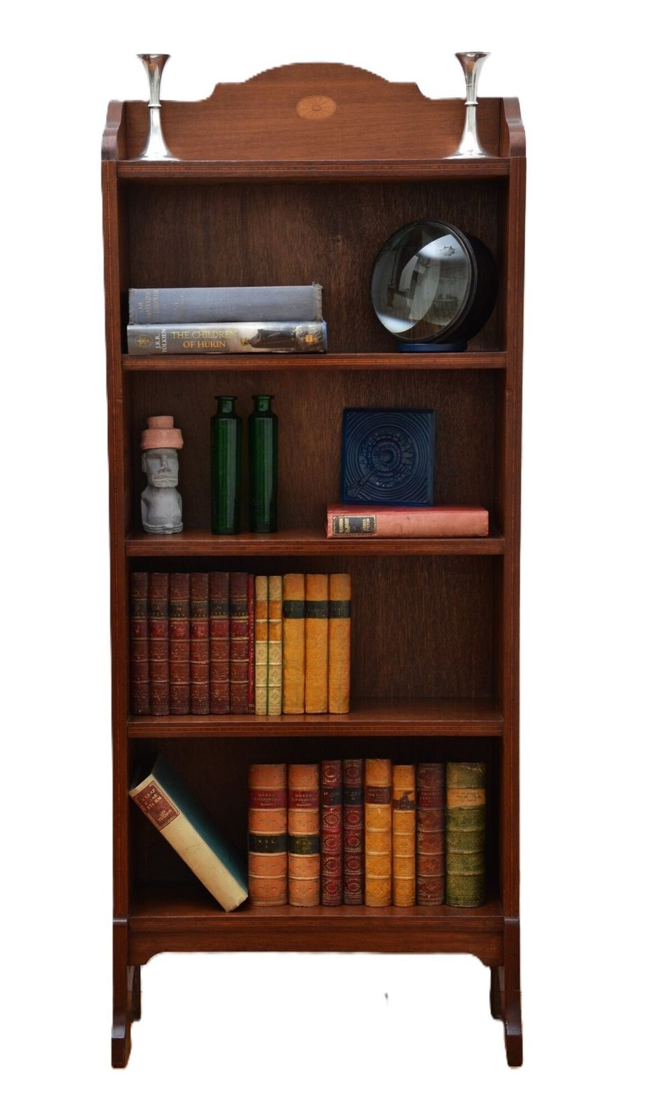 869.0 Slim Mahogany And Inlaid Open Bookcase C1900s photo