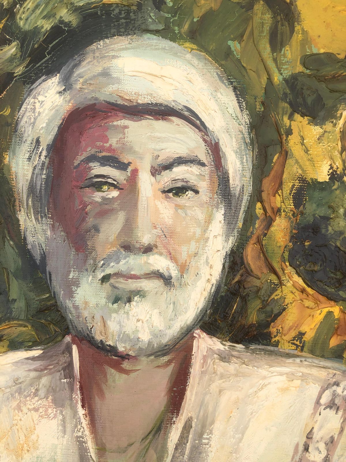 Josep Miquel Serrano Mediterranean Sunflower Portrait With White Robe Spanish Expressionist Oil Painting 1976 photo for sale