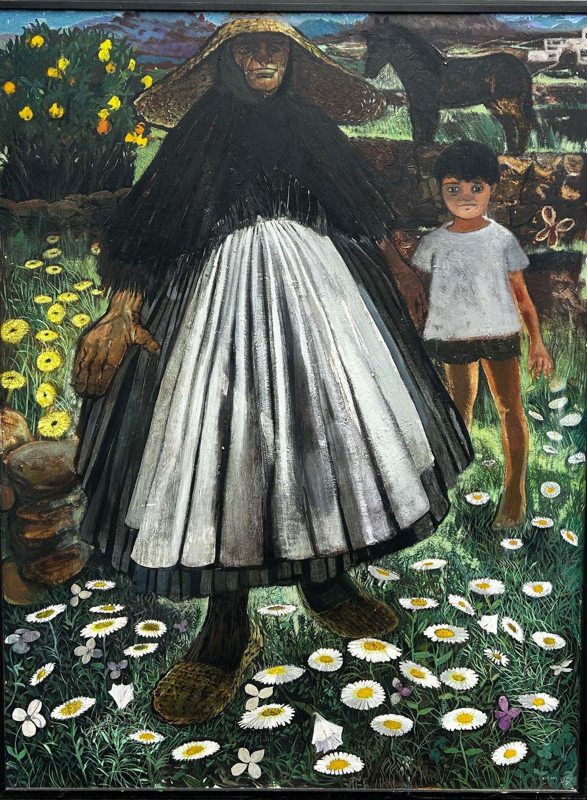 Mid Century Folk Inspired Oil On Board By Leslie Ann Gorton B.1939