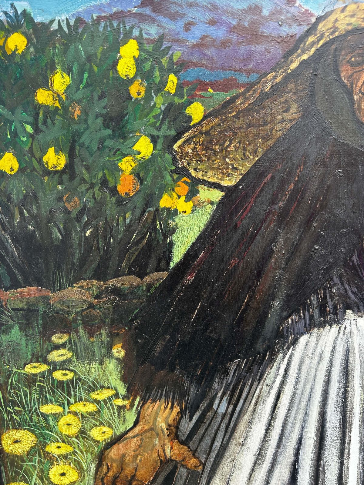 Mid Century Folk Inspired Oil On Board By Leslie Ann Gorton B.1939 photo for sale