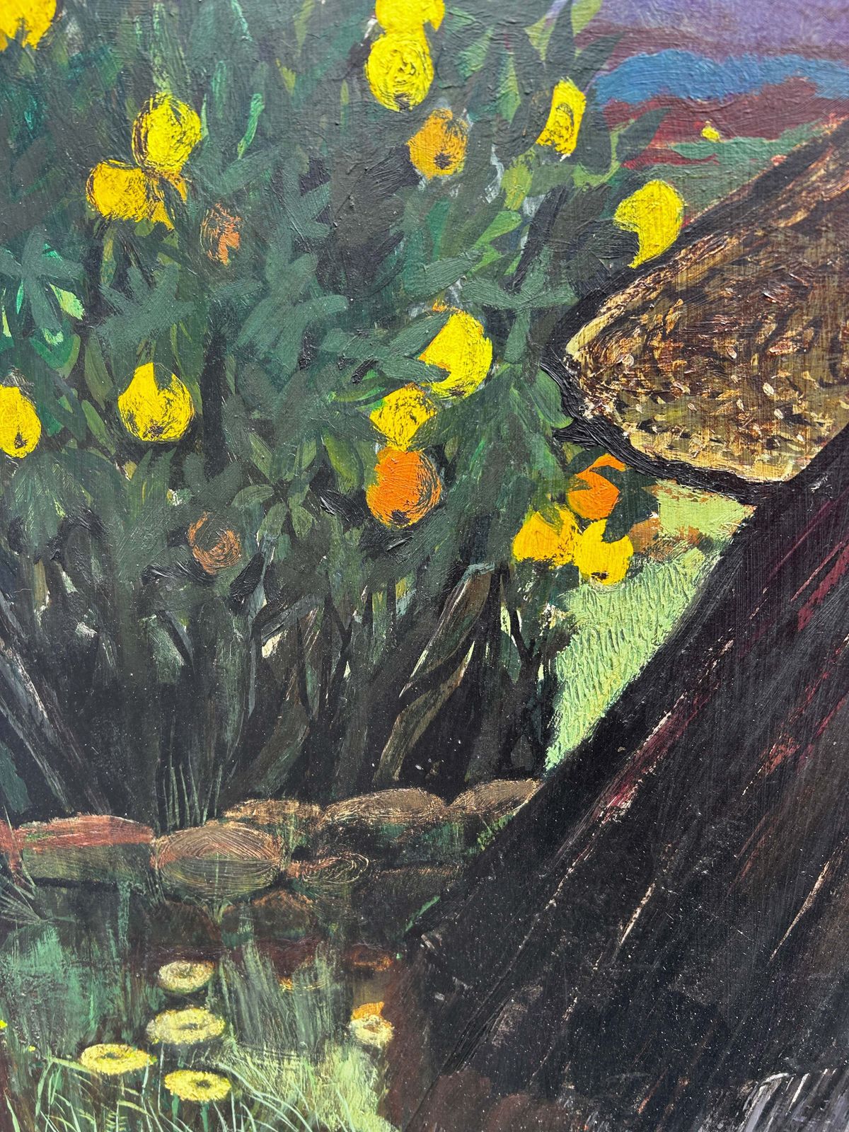photo vintage Mid Century Folk Inspired Oil On Board By Leslie Ann Gorton B.1939
