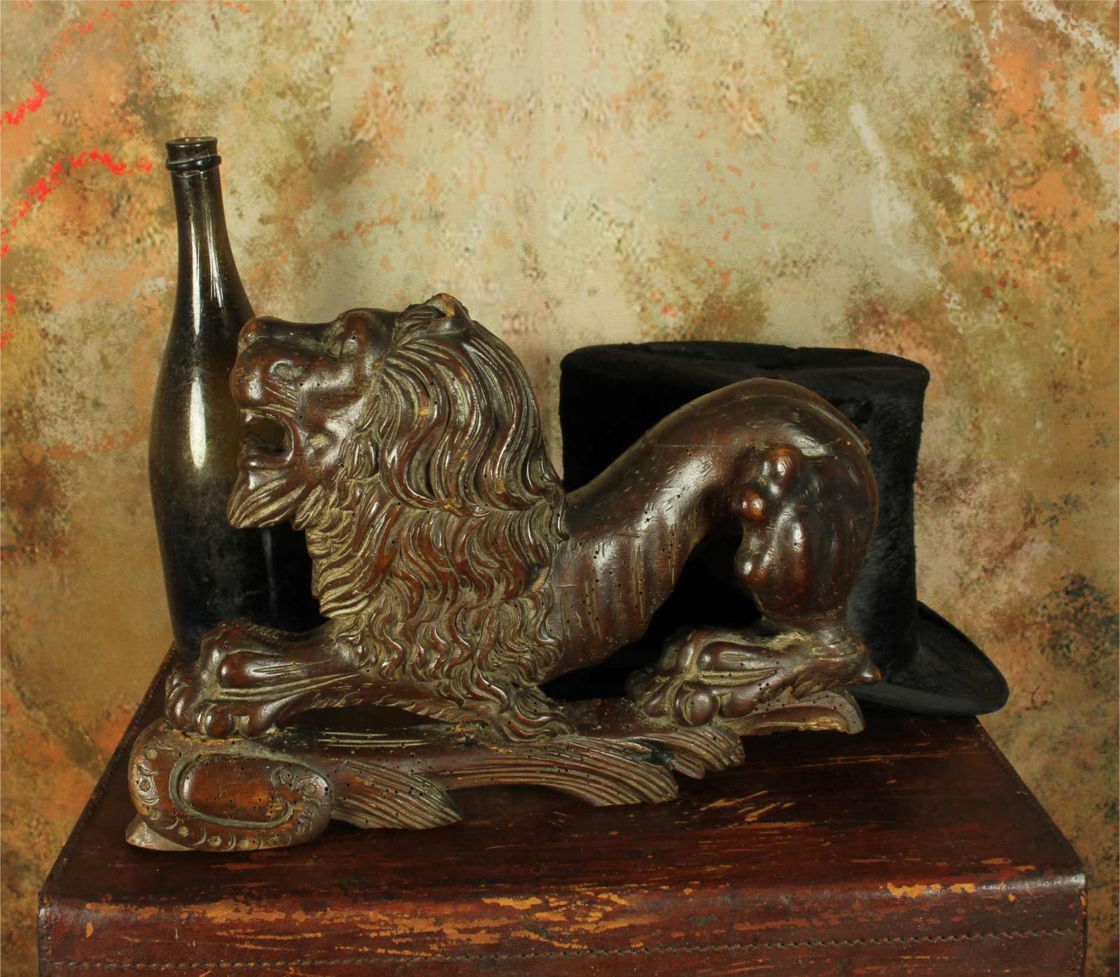 Antique Carved Wood Lion Figure. Animal Statue. Decorative Ornament. photo for sale