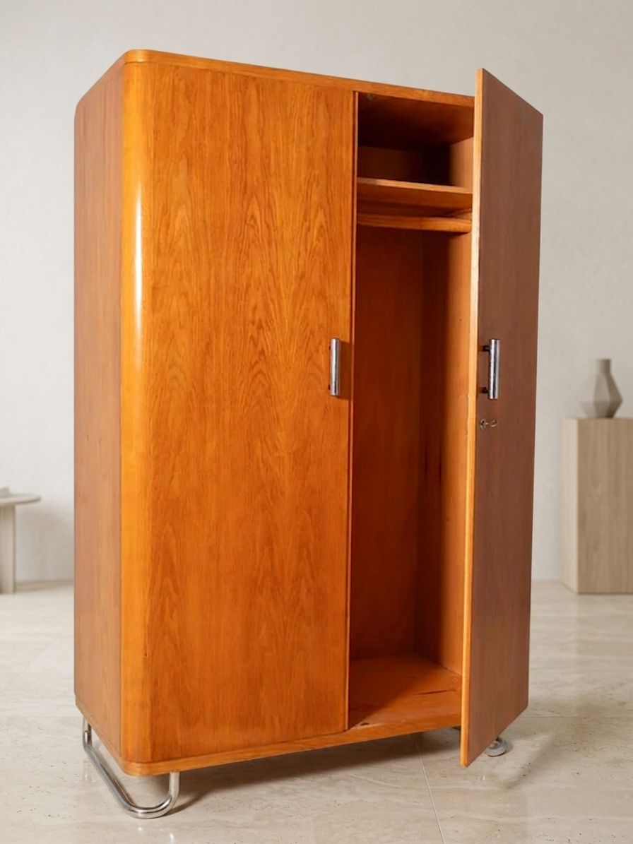 photo for sale Functionalist Clothes Cabinet By Vichr & Spol., Bauhaus Style Wardrobe Storage Cabinet, 1930s Czechoslovakia