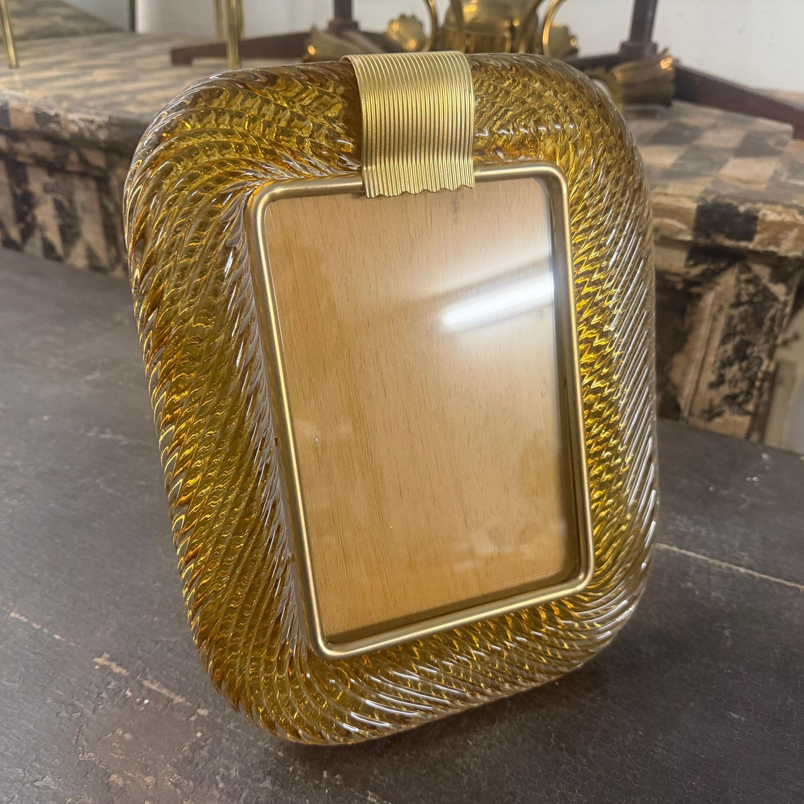 1990s Barovier Style Art Deco Amber Murano Glass And Brass Picture Frame photo Home Decor