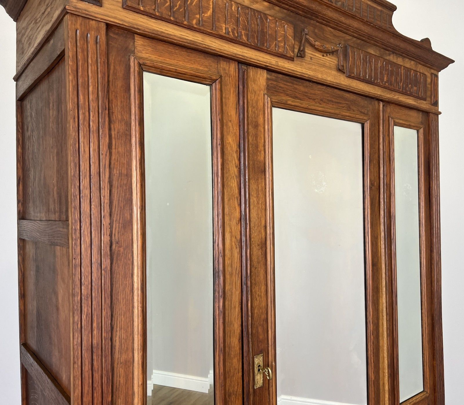 photo furniture Wardrobe Antique French Two Door Oak Mirrored Carved Armoire Cabinet Lot 6082
