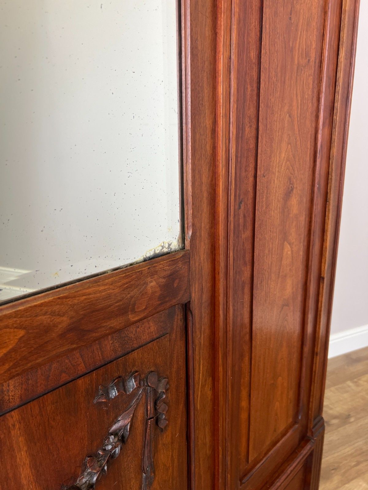 749.0 Wardrobe Antique French Walnut Two Door Mirrored Carved Armoire Cabinet Lot 6083 photo