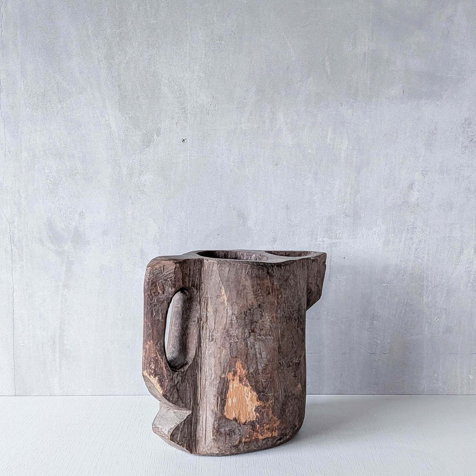 photo buy Folk Art Sculptural Heavy Hardwood Chainsaw Cut Carved Jug 1